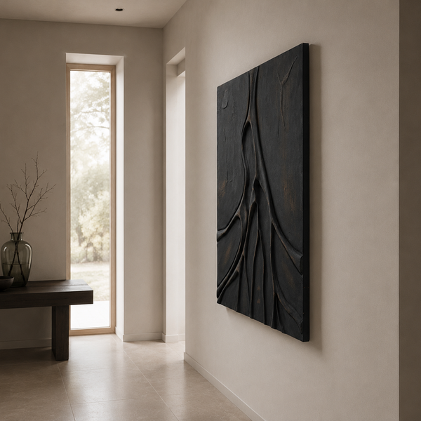Carved 3D Wall Art - Textured Black Abstract Statement Piece 75 x 100cm