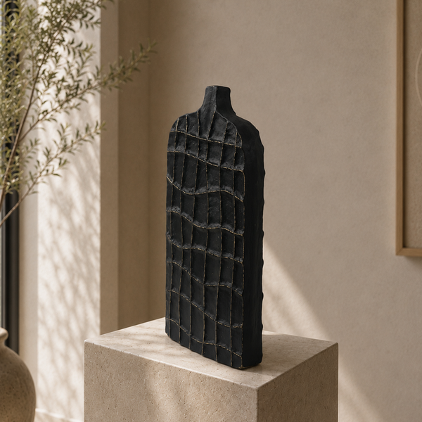 Carved Black Tabletop Sculpture - Modern Textured Ornament 39cm