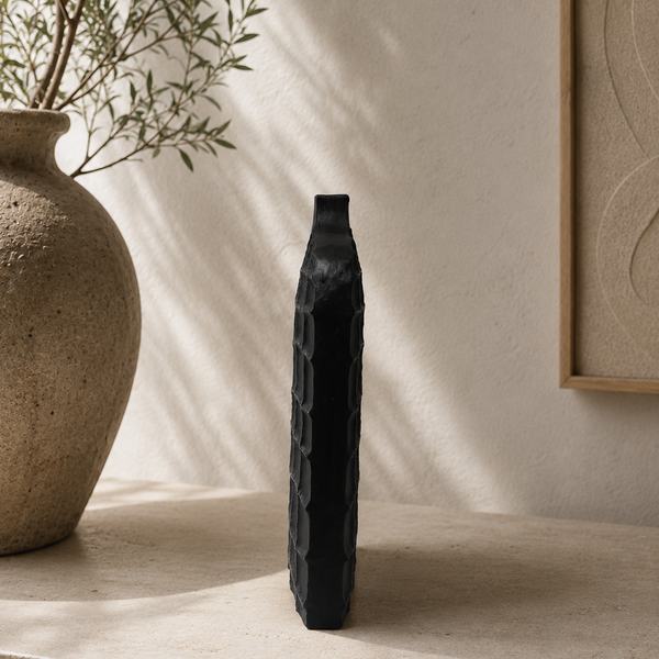 Carved Black Tabletop Sculpture - Modern Textured Ornament 39cm
