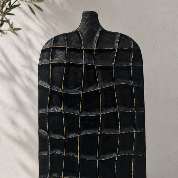 Carved Black Tabletop Sculpture - Modern Textured Ornament 39cm