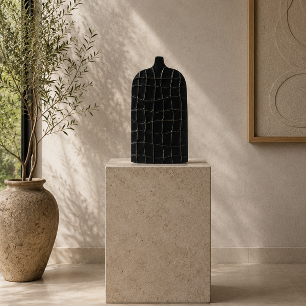 Carved Black Tabletop Sculpture - Modern Textured Ornament 39cm