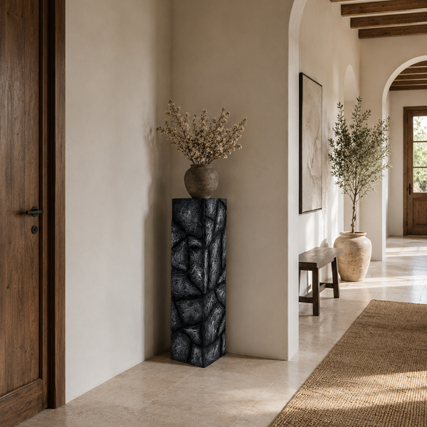 Carved Large Display Plinth - Sculptural Dark Grey Statement Pedestal 100cm