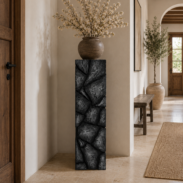 Carved Large Display Plinth - Sculptural Dark Grey Statement Pedestal 100cm