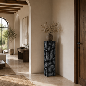 Carved Large Display Plinth - Sculptural Dark Grey Statement Pedestal 100cm