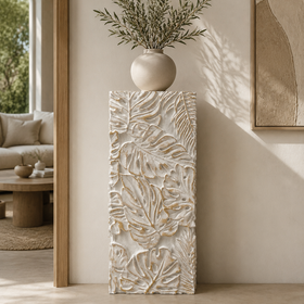 Modern Decorative Display Plinth - White and Gold Textured Sculptural Stand 60cm
