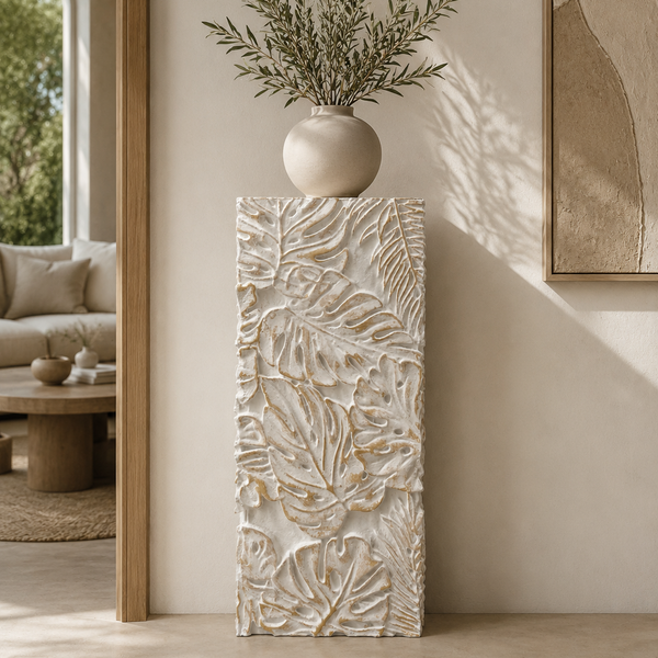 Modern Decorative Display Plinth - White and Gold Textured Sculptural Stand 60cm
