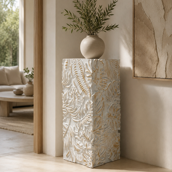Modern Decorative Display Plinth - White and Gold Textured Sculptural Stand 60cm