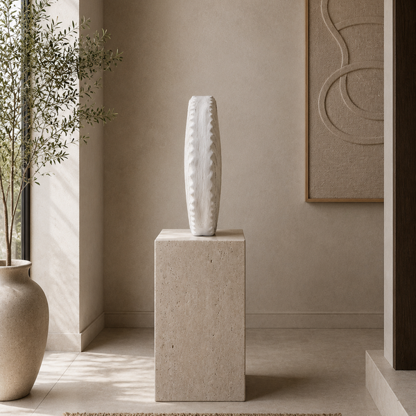 Carved Tabletop Sculpture - White Textured Decorative Ornament 31cm