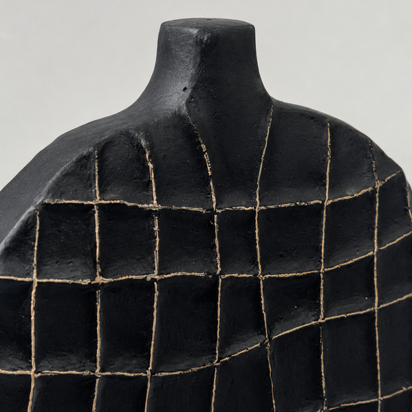 Carved Black Tabletop Sculpture - Modern Textured Ornament 26cm