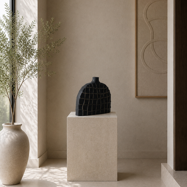 Carved Black Tabletop Sculpture - Modern Textured Ornament 26cm