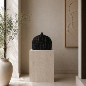 Carved Black Tabletop Sculpture - Modern Textured Ornament 26cm
