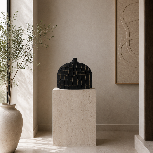 Carved Black Tabletop Sculpture - Modern Textured Ornament 26cm