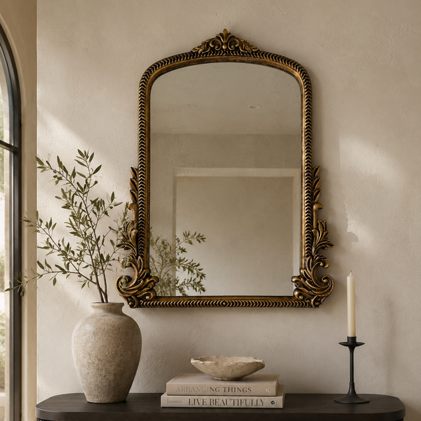 Vintage Arched Wall Mirror - Antique Gold Ornate Frame  50.5 x 41cm