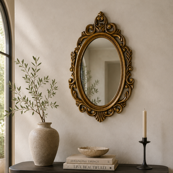 Vintage Oval Wall Mirror - Antique Gold Ornate Frame 59 x 39cm