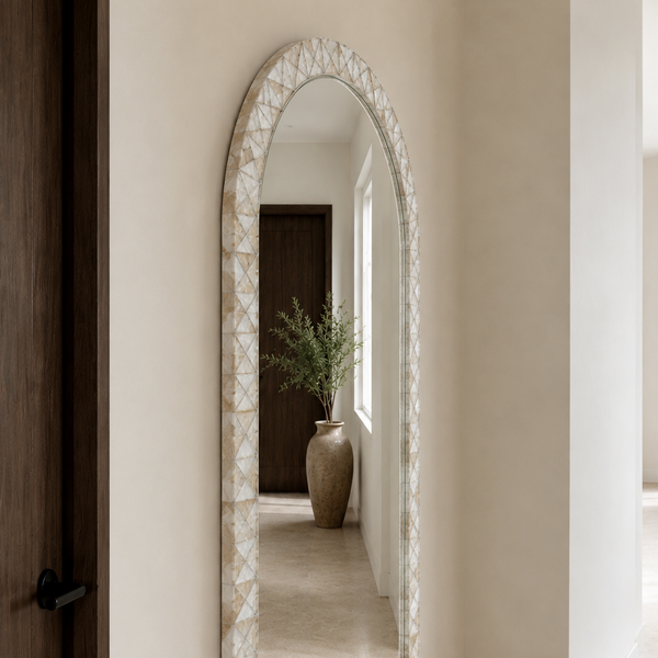 Capiz Shell Arched Wall Mirror - White Coastal Statement Mirror 50 x 75cm
