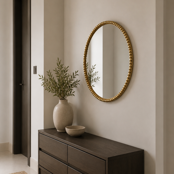Round Beaded Wall Mirror - Antique Gold Statement Frame 75cm