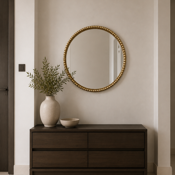 Round Beaded Wall Mirror - Antique Gold Statement Frame 75cm