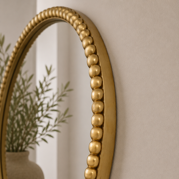 Round Beaded Wall Mirror - Antique Gold Statement Frame 75cm