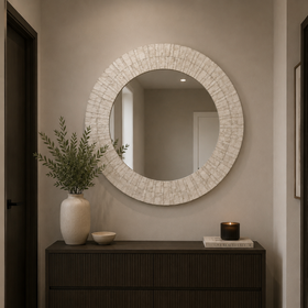 Round Capiz Shell Wall Mirror - White Textured Statement Frame 100cm