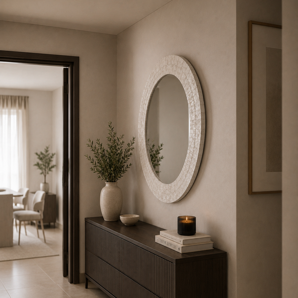 Round Capiz Shell Wall Mirror - White Textured Statement Frame 100cm
