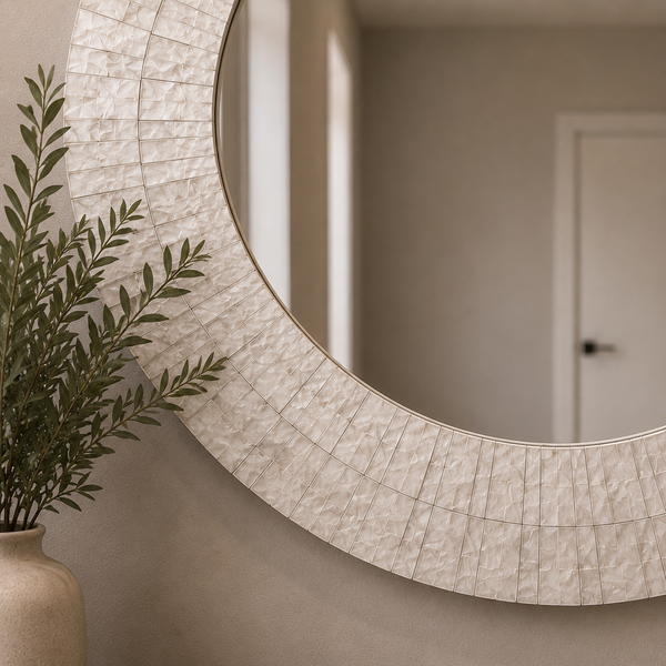 Round Capiz Shell Wall Mirror - White Textured Statement Frame 100cm