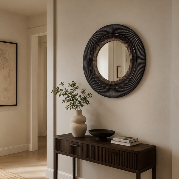 Round Wood Wall Mirror - Radial Textured Brown Statement Frame 75cm