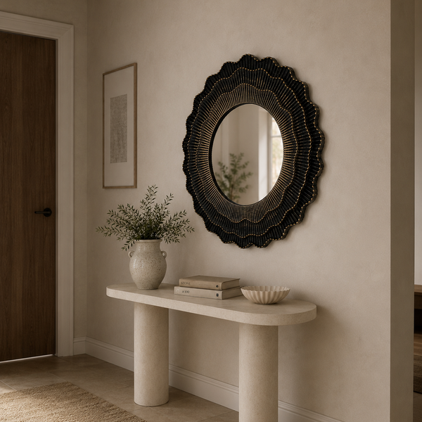Round Wood Wall Mirror - Sculptural Dark Brown Statement Frame 80cm