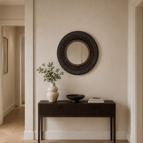 Round Wood Wall Mirror - Radial Textured Brown Statement Frame 75cm