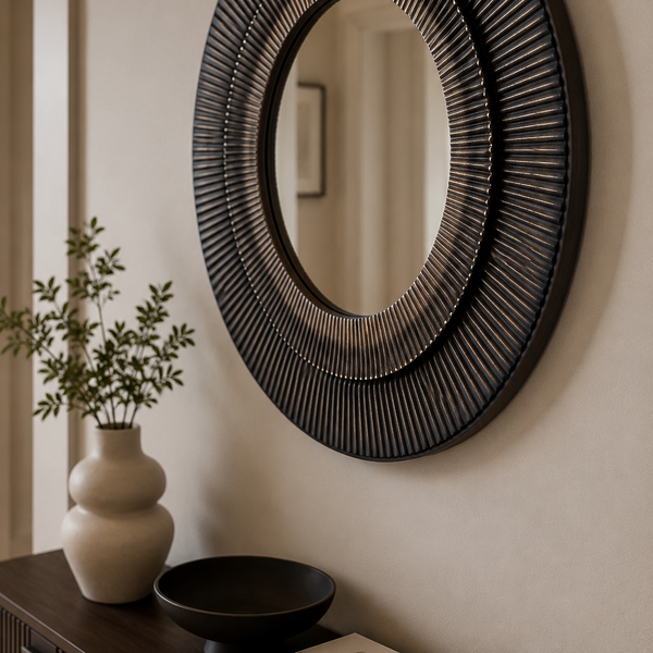 Round Wood Wall Mirror - Radial Textured Brown Statement Frame 75cm