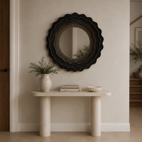 Round Wood Wall Mirror - Sculptural Dark Brown Statement Frame 80cm