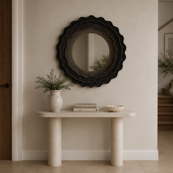 Round Wood Wall Mirror - Sculptural Dark Brown Statement Frame 80cm