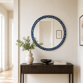 Round Ceramic Wall Mirror - Blue Mosaic Statement Frame 75cm