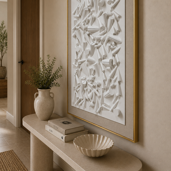 Gold Framed Wood Wall Art - Large Textured White Statement Piece 80 x 120cm