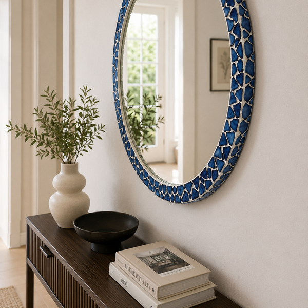 Round Ceramic Wall Mirror - Blue Mosaic Statement Frame 75cm