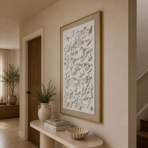 Gold Framed Wood Wall Art - Large Textured White Statement Piece 80 x 120cm