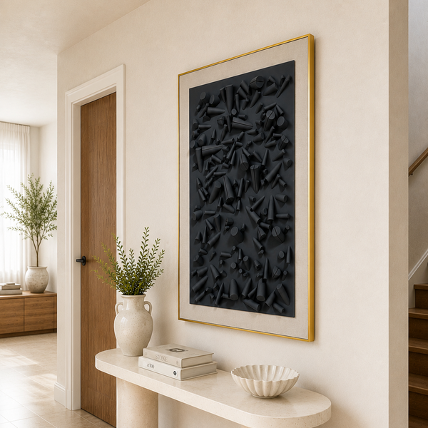 Gold Framed Wood Wall Art - Large Textured Black Statement Piece 80 x 120cm