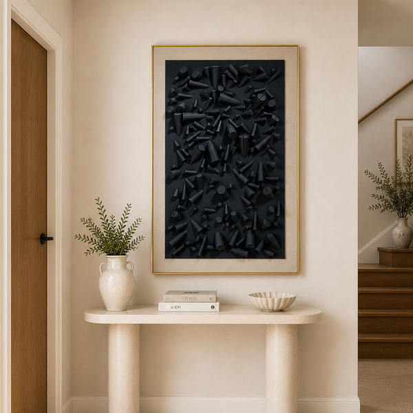 Gold Framed Wood Wall Art - Large Textured Black Statement Piece 80 x 120cm