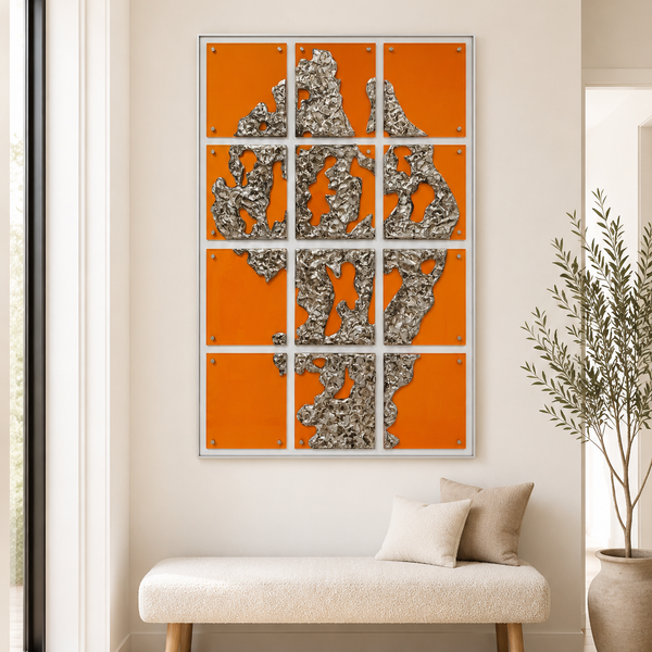 Large 3D Textured Acrylic Wall Art - Abstract Orange & Silver Luxury Wall Decor 80 x 120cm