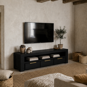 Solid Mango Wood TV Unit 170 cm – Woodland 3 Drawer Black