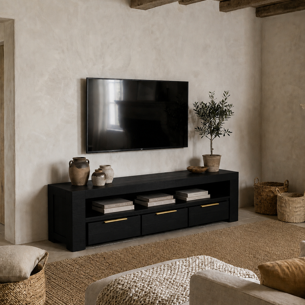 Solid Mango Wood TV Unit 170 cm – Woodland 3 Drawer Black