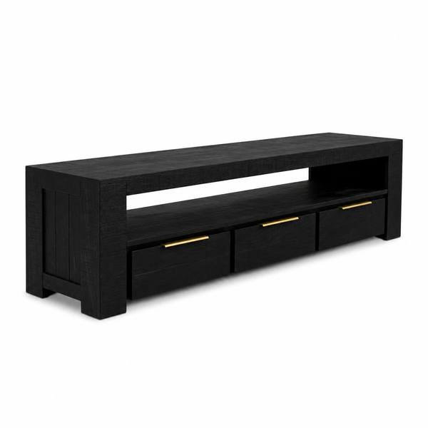 Solid Mango Wood TV Unit 170 cm – Woodland 3 Drawer Black