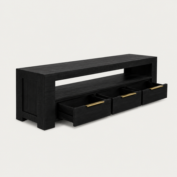Solid Mango Wood TV Unit 170 cm – Woodland 3 Drawer Black