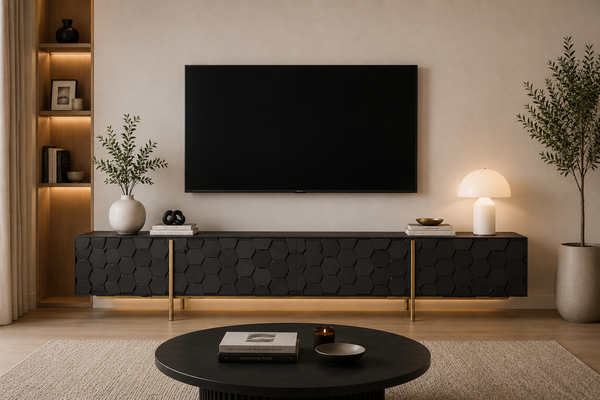 Solid Mango Wood Black TV Unit With Gold Metal Legs 200cm – Honeycomb