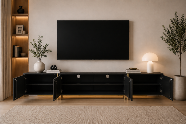 Solid Mango Wood Black TV Unit With Gold Metal Legs 200cm – Honeycomb