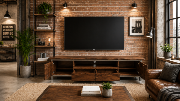Solid Acacia Wood Iron TV Unit  With Drawers 200cm - Aspen