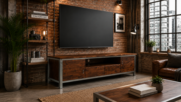 Solid Acacia Wood Iron TV Unit  With Drawers 200cm - Aspen