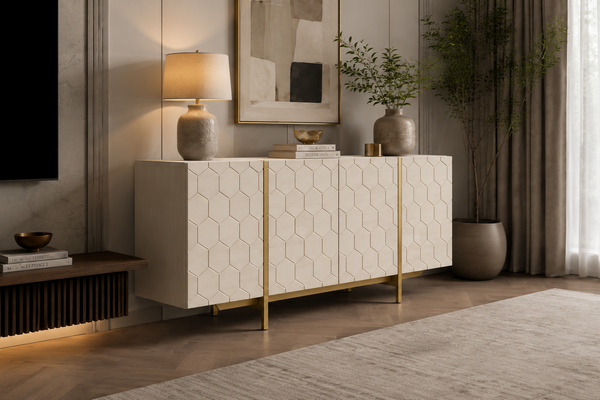 Solid Mango Wood White Sideboard With Gold Metal Legs 180cm – Honeycomb