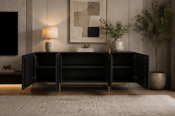 Solid Mango Wood Black Sideboard With Gold Metal Legs 180cm – Honeycomb