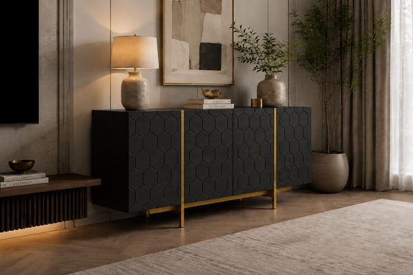 Solid Mango Wood Black Sideboard With Gold Metal Legs 180cm – Honeycomb
