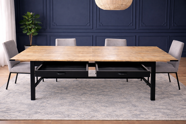 Extendable Dining Table with Drawers in Solid Mango Wood 200–280 cm – Metal Frame – Mason